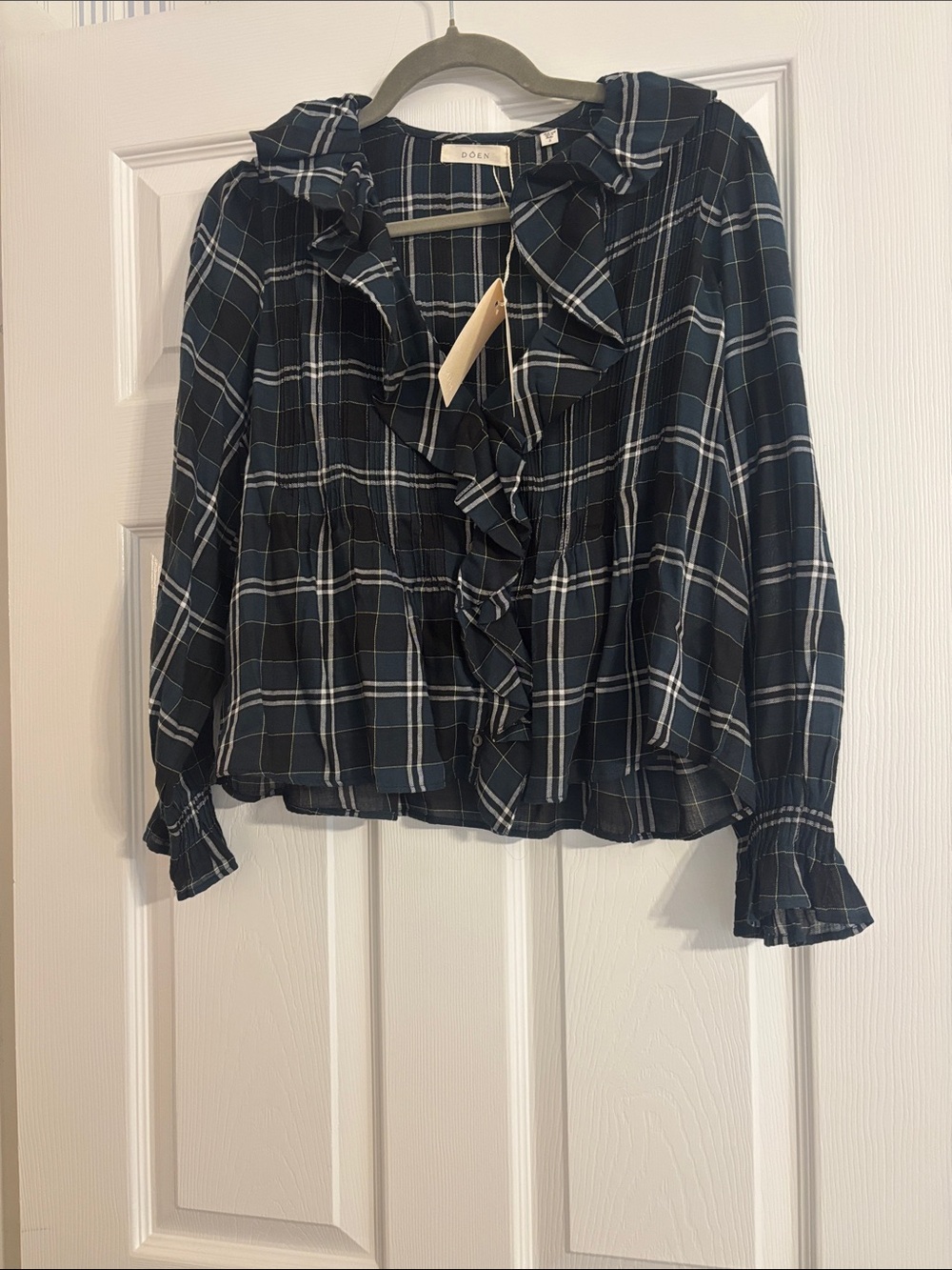 Doen Hardy Top- Navy Plaid Ruffle-Front Blouse